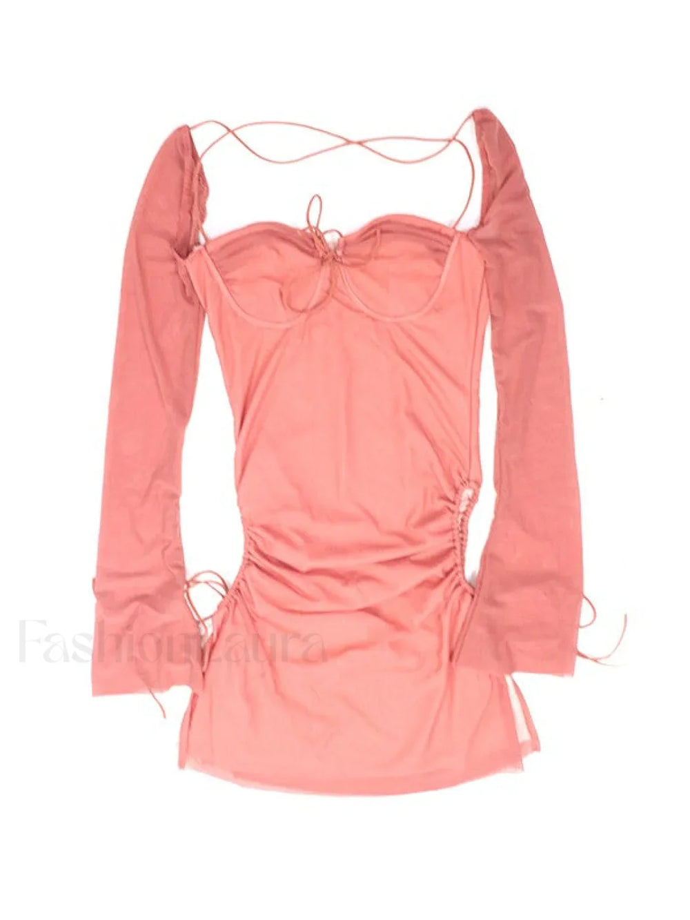 Mesh Tie Strap Halter Long Sleeve Mini Dress Mini Dresses