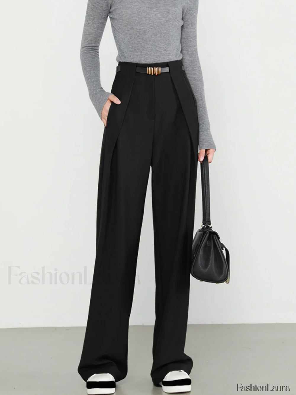 Middle Waist Solid Trendy Pocket Straight Leg Pants Black / XS Pants
