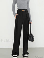 Middle Waist Solid Trendy Pocket Straight Leg Pants Black / XS Pants