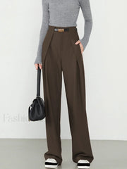 Middle Waist Solid Trendy Pocket Straight Leg Pants Dark Brown / XS Pants