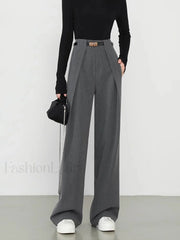 Middle Waist Solid Trendy Pocket Straight Leg Pants Grey / XS Pants