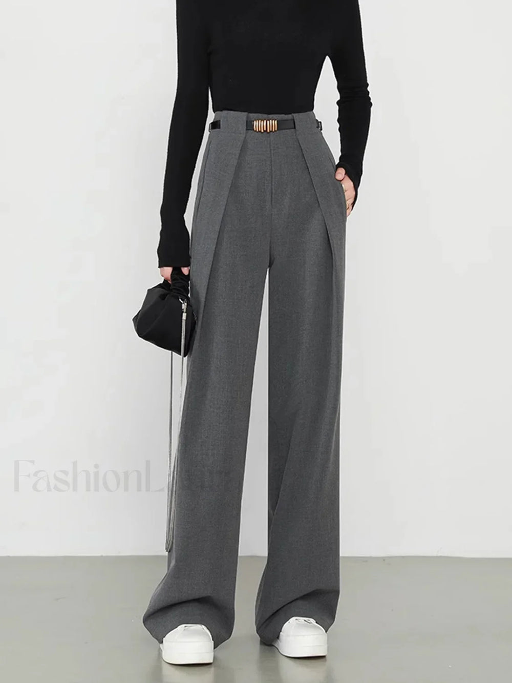 Middle Waist Solid Trendy Pocket Straight Leg Pants Grey / XS Pants