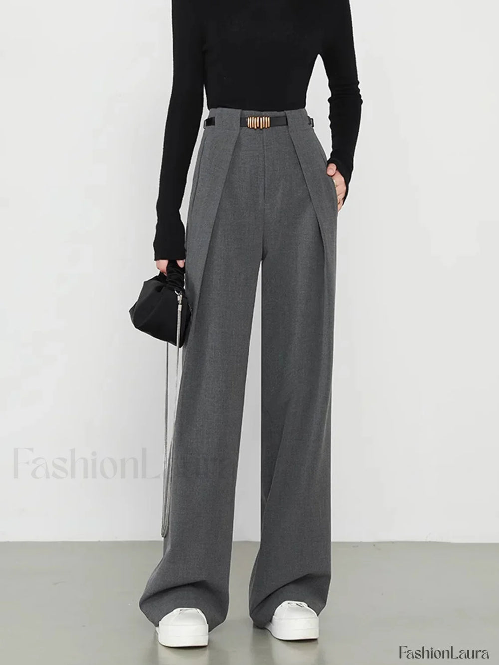 Middle Waist Solid Trendy Pocket Straight Leg Pants Grey / XS Pants