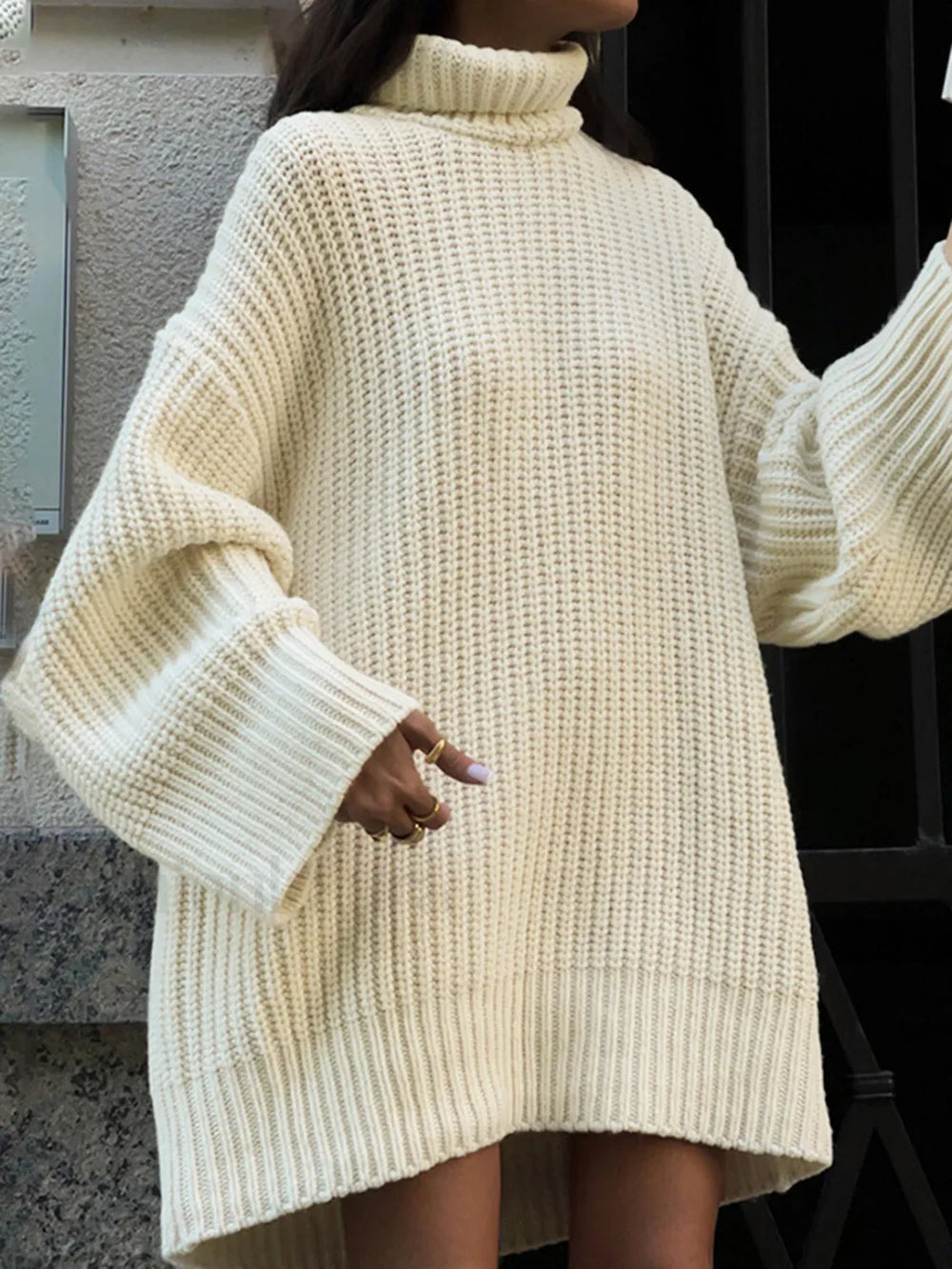 Minimalism Turtleneck Graceful Short Sweater Dress Sweaters L
