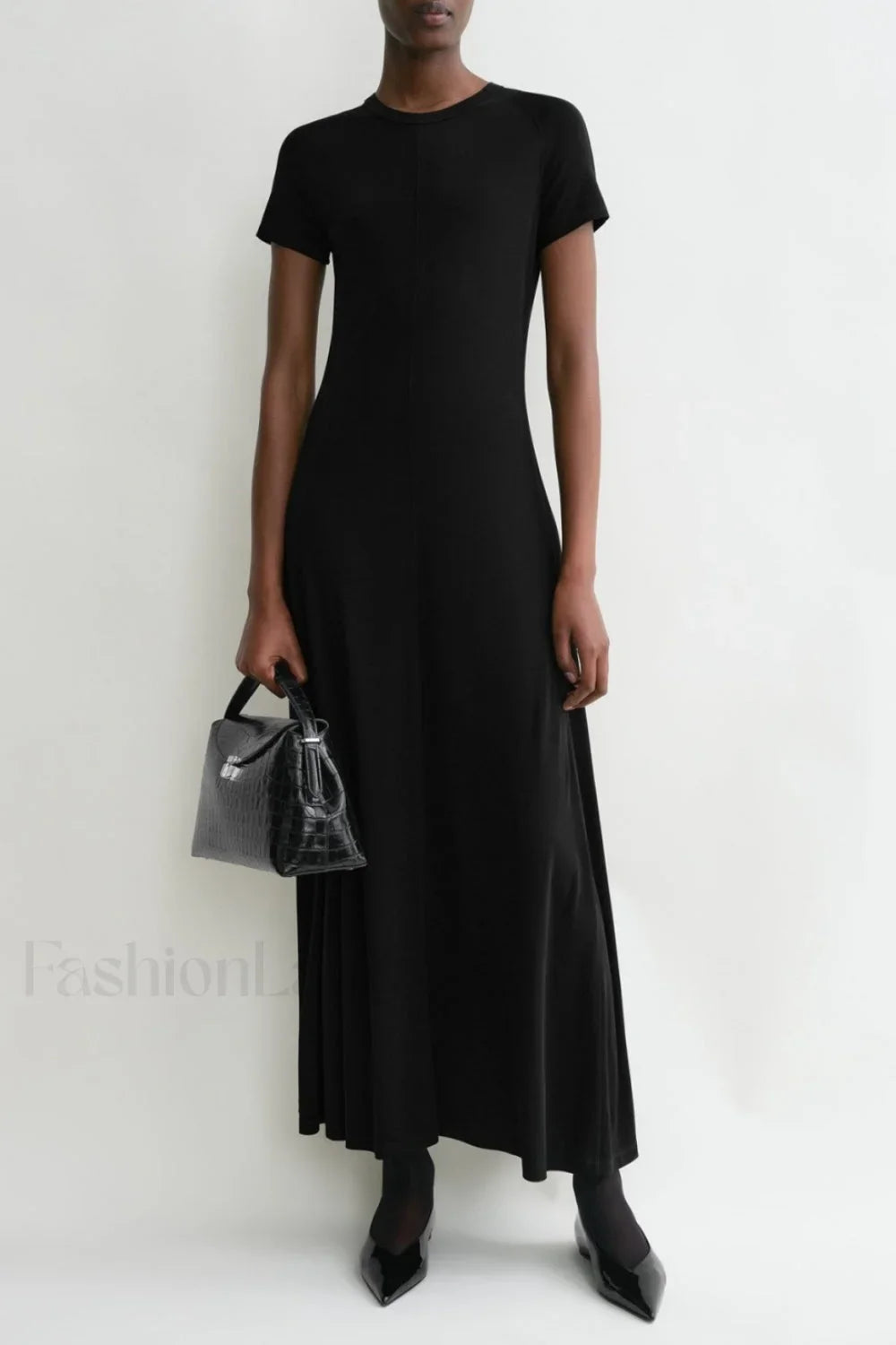 Minimalist A Line Round Neck Short Sleeve Work Dress 黑色 / XS