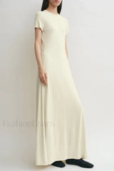 Minimalist A Line Round Neck Short Sleeve Work Dress 米色 / XS