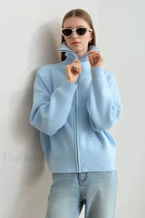 Minimalist Zipper Wool Ribbed Cardigan Blue / S