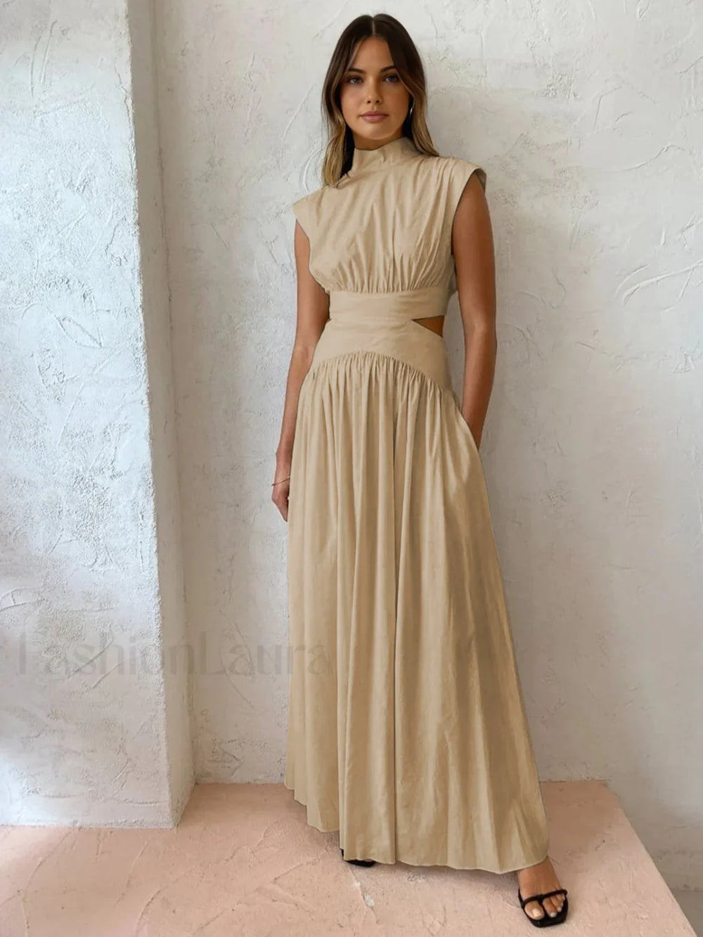 Mock Neck Cut Trendy Out Long Dress Khaki / XS Dresses