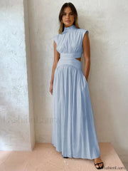 Mock Neck Cut Trendy Out Long Dress LightBlue / XS Dresses