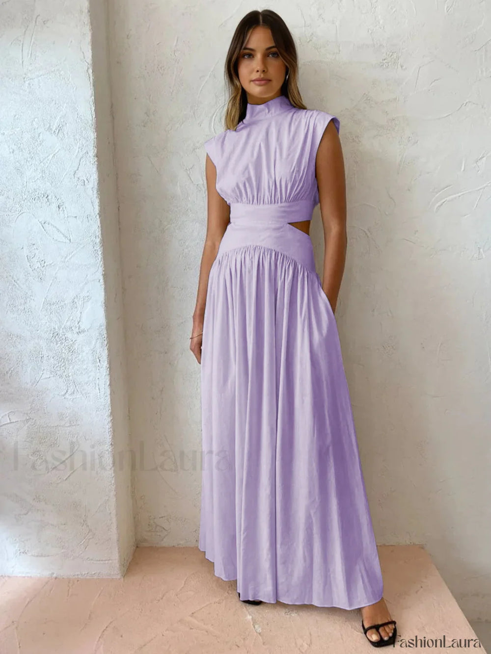 Mock Neck Cut Trendy Out Long Dress Purple / XS Dresses