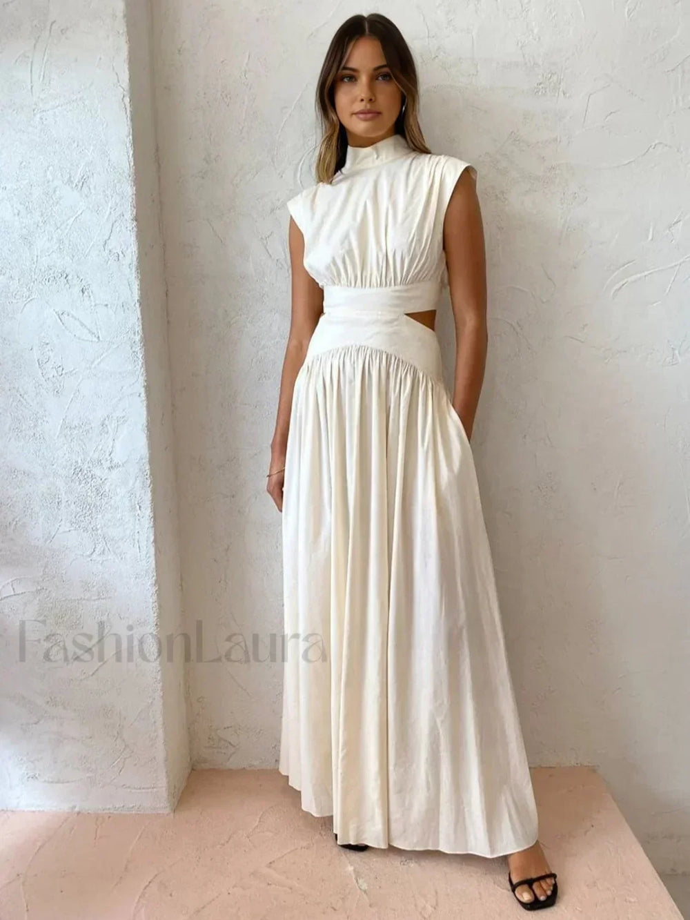 Mock Neck Cut Trendy Out Long Dress White / XS Dresses