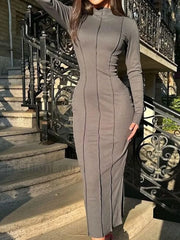 Mock Neck Piping Trendy Split Maxi Dress Dresses