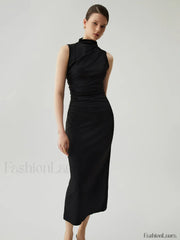 Mock Neck Sleeveless Trendy Split Ruched Long Dress Dresses