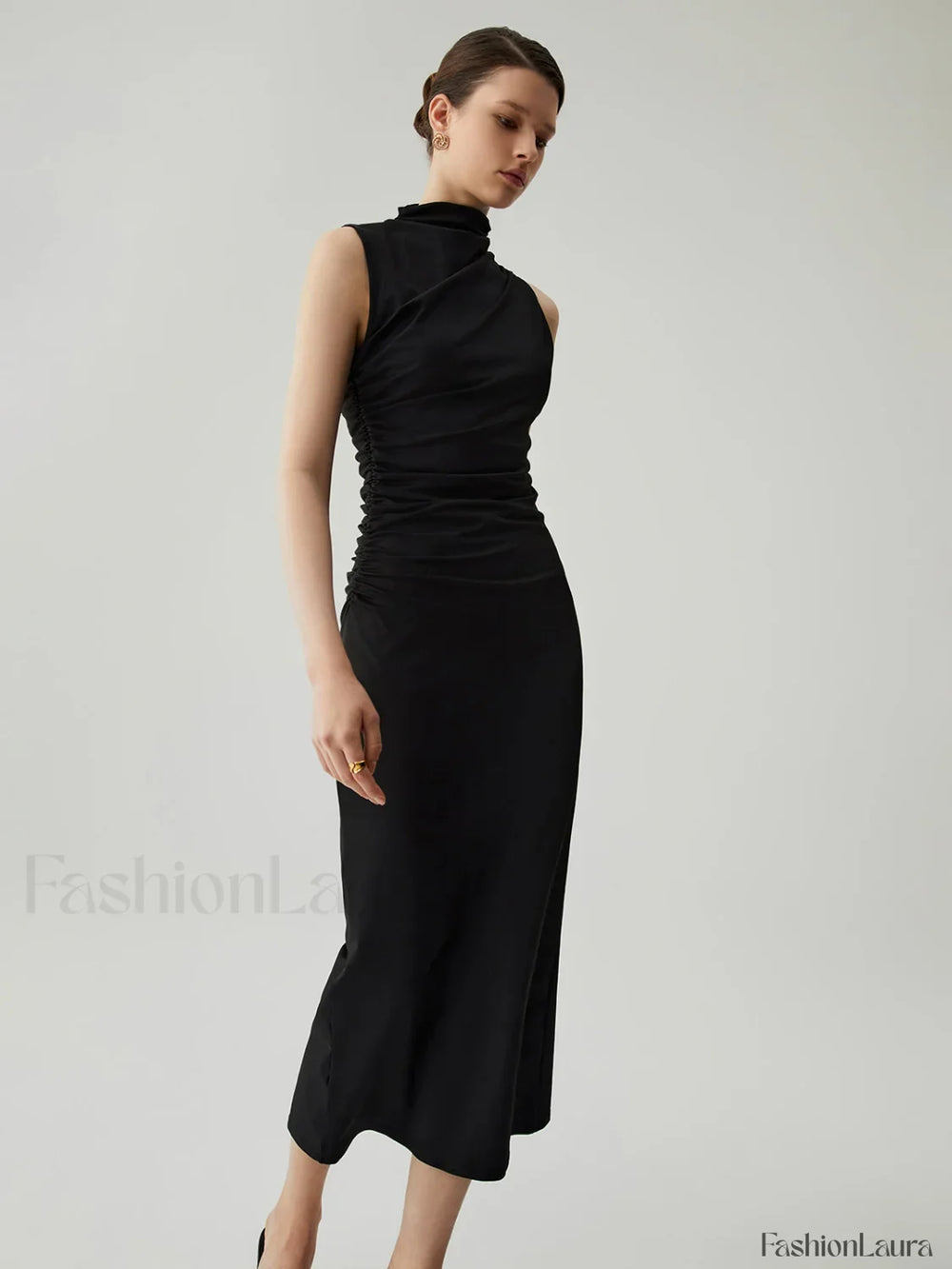Mock Neck Sleeveless Trendy Split Ruched Long Dress Dresses