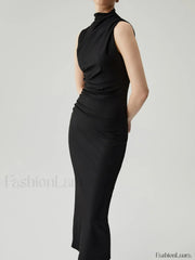 Mock Neck Sleeveless Trendy Split Ruched Long Dress Dresses