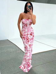 Multi Floral Graceful Split Long Dress Red / XS Dresses