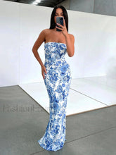Multi Floral Split Long Dress Blue / XS Dresses
