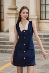 Navy Sleeveless Work Dress with White Collar and Gold Buttons