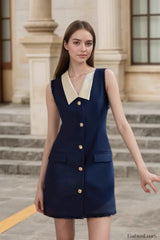 Navy Sleeveless Work Dress with White Collar and Gold Buttons