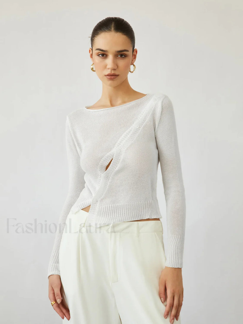 Oblique Buttoned Cover Trendy Up Knit Top Sweaters L