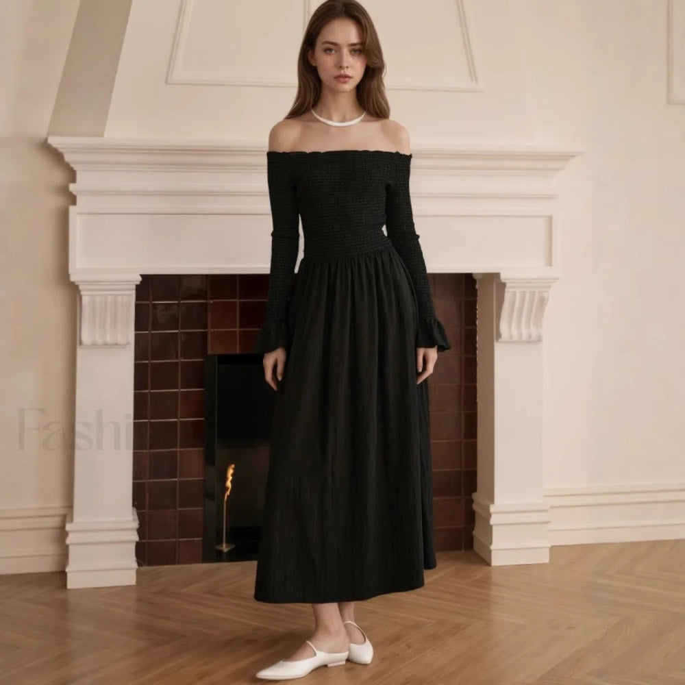 Off Shoulder Curved Horn Sleeve Flared Maxi Dress