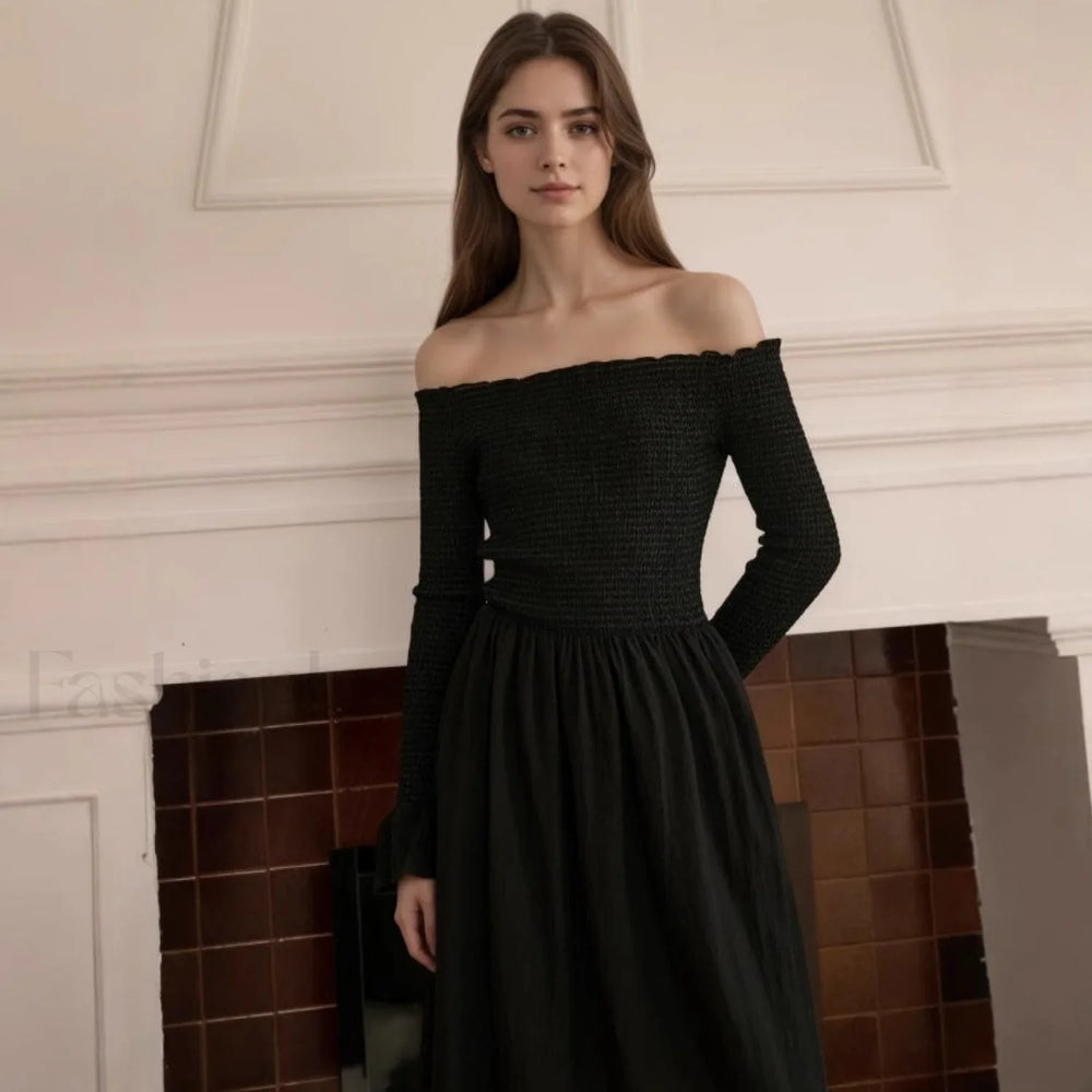 Off Shoulder Curved Horn Sleeve Flared Maxi Dress