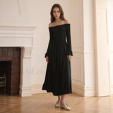 Off Shoulder Curved Horn Sleeve Flared Maxi Dress Black / S