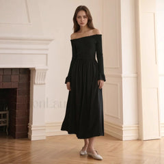 Off Shoulder Curved Horn Sleeve Flared Maxi Dress Black / S