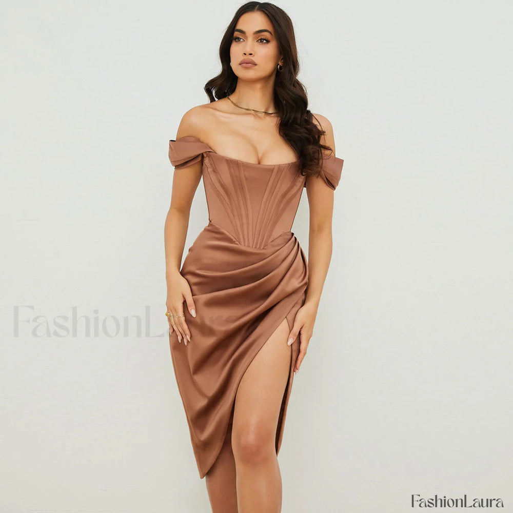 Off Shoulder Draped Corset Cocktail Midi Dress Chocolate M / Chocolate Party Dresses L