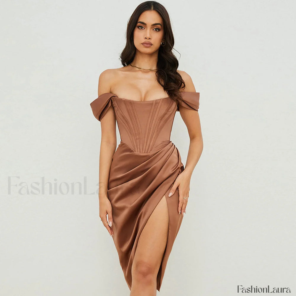 Off Shoulder Draped Corset Cocktail Midi Dress Chocolate S / Chocolate Party Dresses L