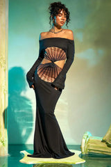 Off Shoulder Hollowed Halter Printed Kinked Maxi Dress