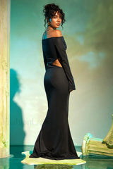 Off Shoulder Hollowed Halter Printed Kinked Maxi Dress