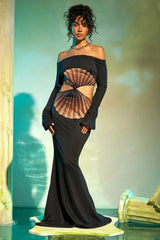 Off Shoulder Hollowed Halter Printed Kinked Maxi Dress Black / S