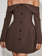Off Shoulder Long Sleeve Modern Button Zip Mini Dress Dresses