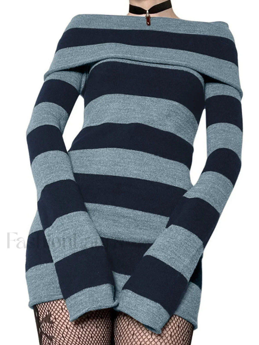 Off Shoulder Long Sleeve Striped Knit Mini Dress Mini Dresses