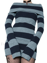 Off Shoulder Long Sleeve Striped Knit Mini Dress Mini Dresses