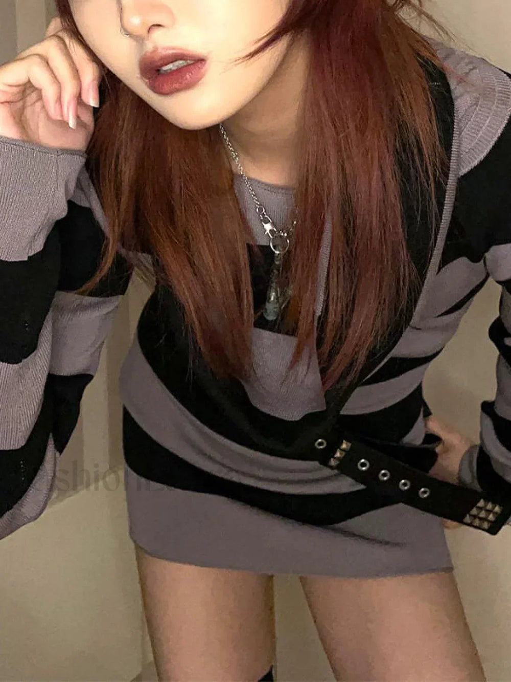 Off Shoulder Long Sleeve Striped Knit Mini Dress Mini Dresses