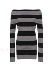 Off Shoulder Long Sleeve Striped Knit Mini Dress Mini Dresses