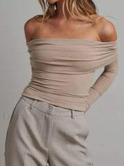Off Shoulder Overfold Trendy Long Sleeve Crop Shirt Apricot / XS T Shirts