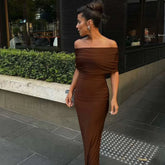 Off Shoulder Ruched Maxi Dress Brown / S