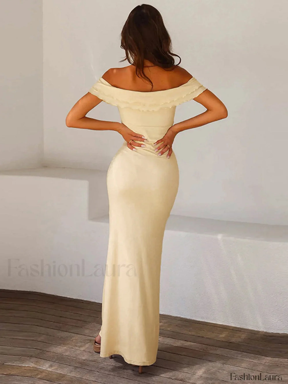 Off Shoulder Ruffle Trendy Satin Long Dress Dresses