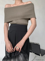 Off Shoulder Stretch Graceful Knit Top Sweaters L