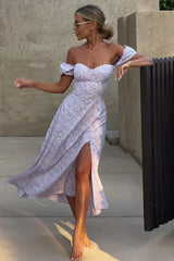 One Shoulder Floral Split Slim Fit Floral Dress Purple / S