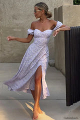 One Shoulder Floral Split Slim Fit Floral Dress Purple / S