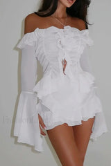 One Shoulder Ruffled Flared Sleeve Chiffon High Waist Mini Dress