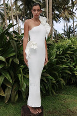 One Shoulder Ruffled Floral Knit Maxi Dress White / S