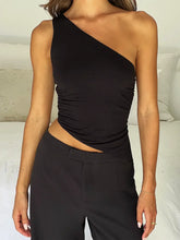 One Shoulder Solid Color Lace Up Irregular Short Crop Top