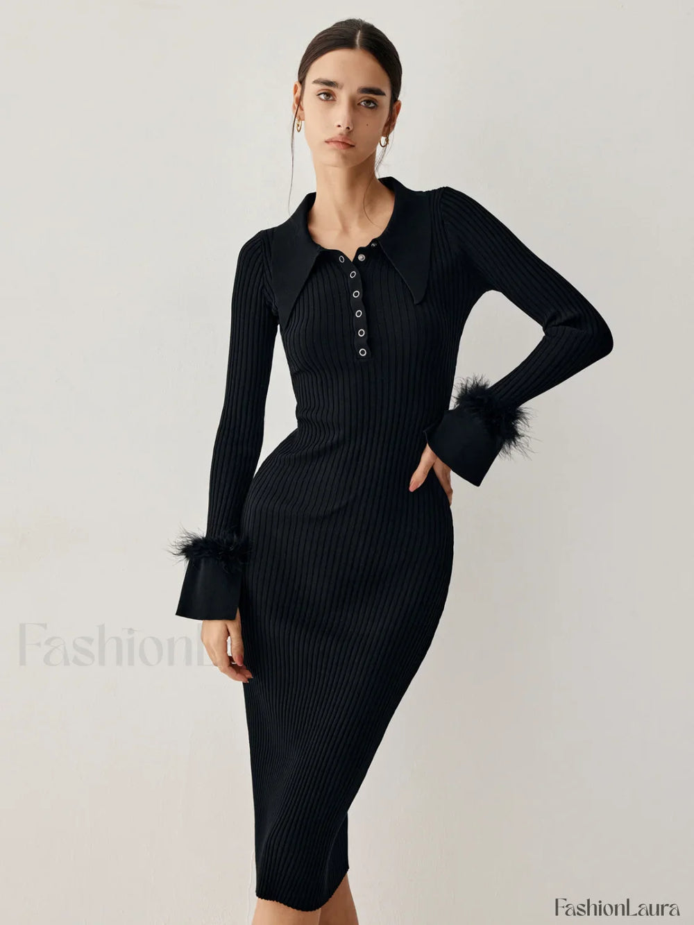 Open Collar Fuzzy Hem Modern Long Sleeve Midi Sweater Dress Black / S Sweaters L