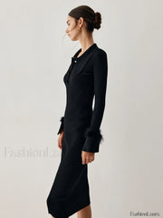 Open Collar Fuzzy Hem Modern Long Sleeve Midi Sweater Dress Sweaters L