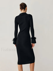 Open Collar Fuzzy Hem Modern Long Sleeve Midi Sweater Dress Sweaters L